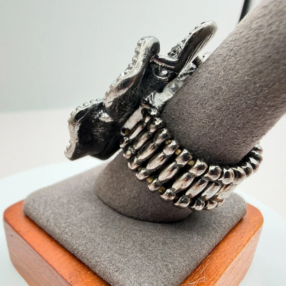 Vintage Y2K Silver‎ Tone Black Rhinestones Floral Statement Ring Women's Jewelry